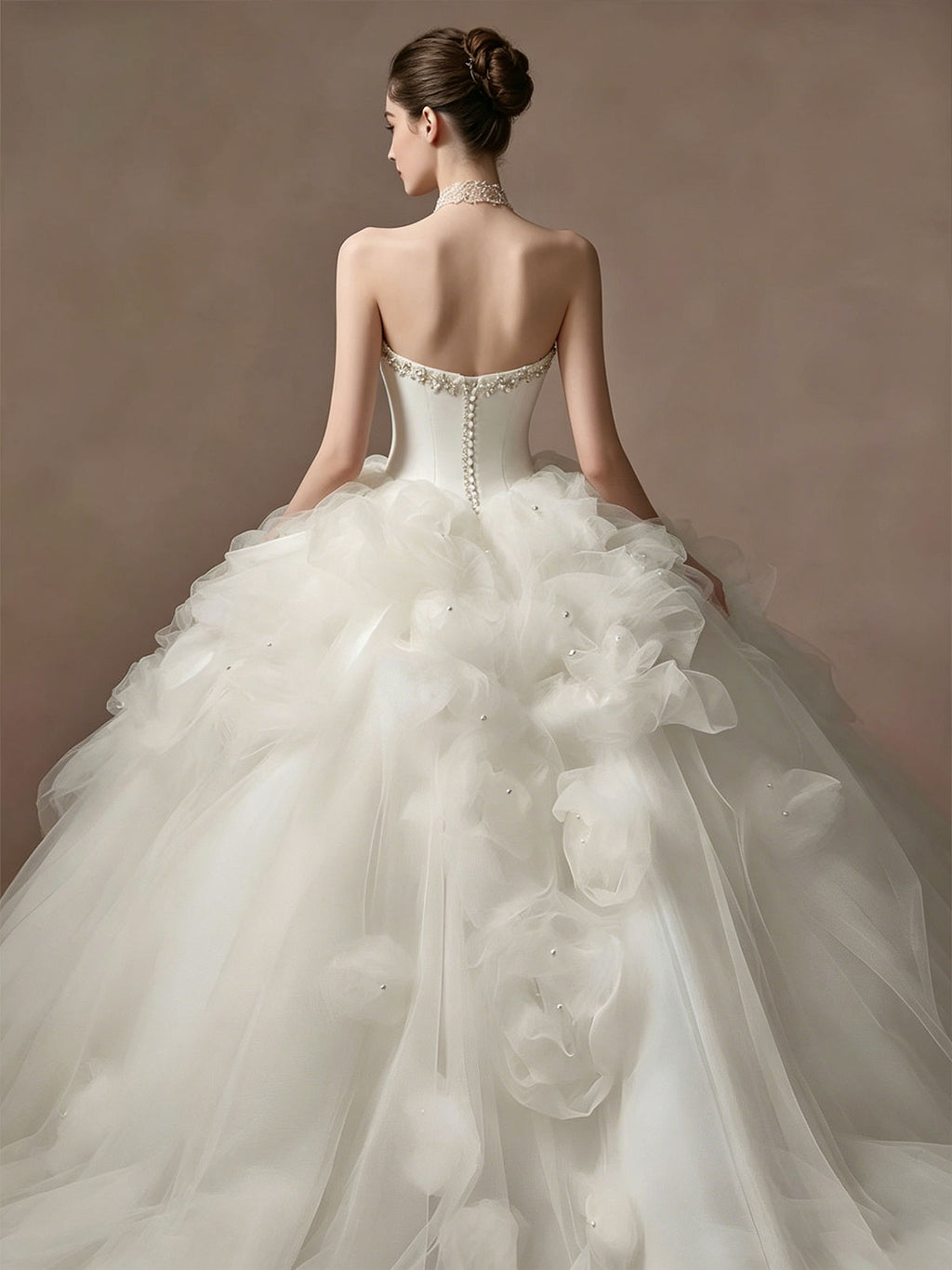 Strapless White Petal Tulle Ball Gown Wedding Dress