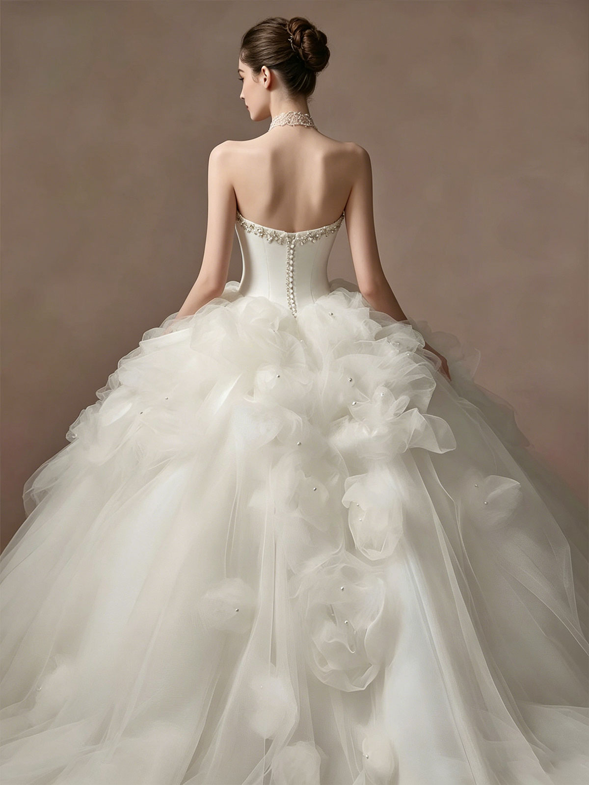 Strapless White Petal Tulle Ball Gown Wedding Dress