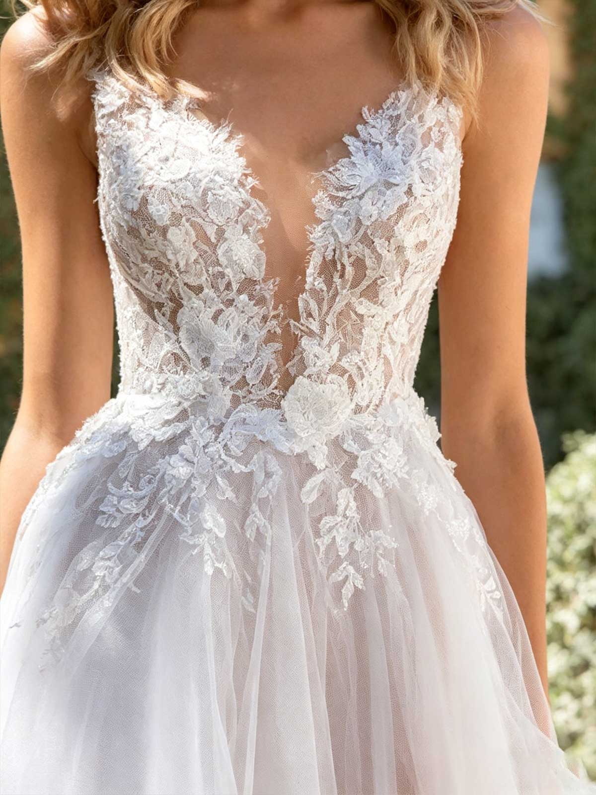 Ivory Lace Plunging V-Neck Sheer Tulle A-Line Wedding Dress