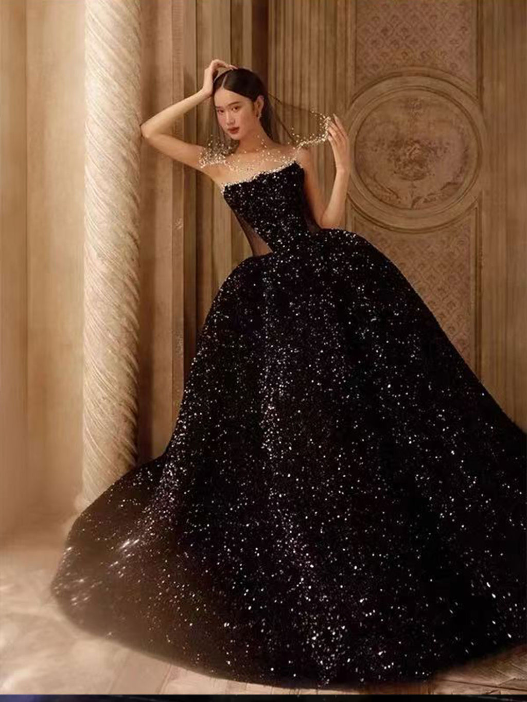 Black Strapless Sequin Ball Gown with Sheer Neckline