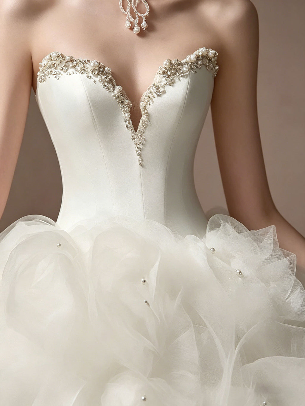 Strapless White Petal Tulle Ball Gown Wedding Dress