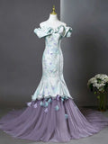 Mint Green Off-the-Shoulder Mermaid Gown with Floral Embroidery & Tulle Train
