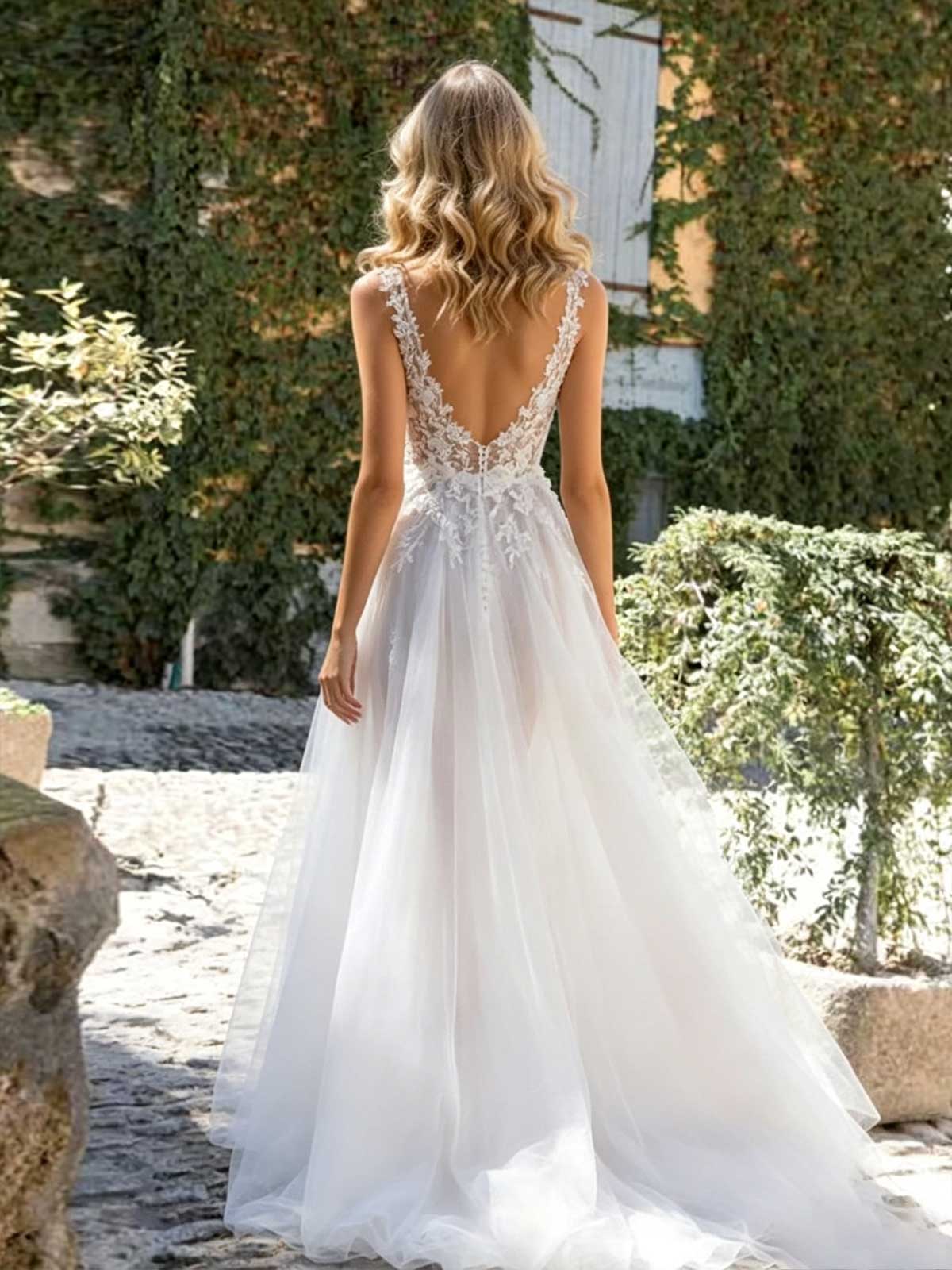 Ivory Lace Plunging V-Neck Sheer Tulle A-Line Wedding Dress