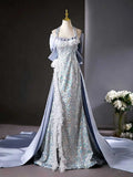 Silver Blue Halter Neck Sequin Mermaid Gown with Oversized Satin Train