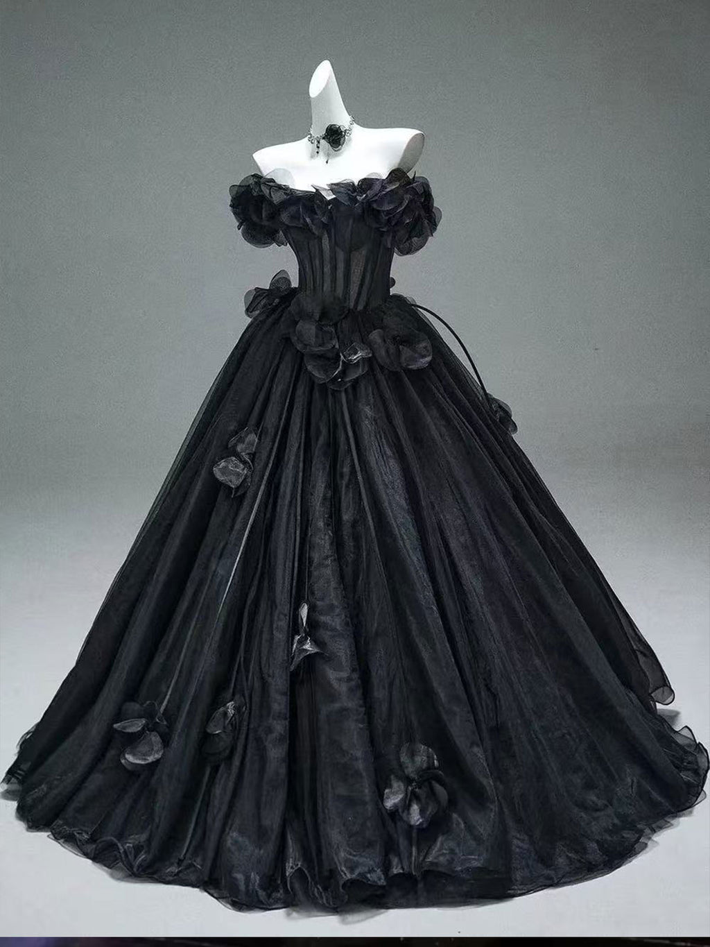 Black Off-the-Shoulder Tulle Ball Gown with 3D Floral Appliqués