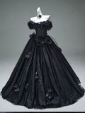 Black Off-the-Shoulder Tulle Ball Gown with 3D Floral Appliqués