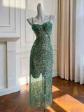 Emerald Green Spaghetti Strap Sequin Evening Dress with Crystal Trim