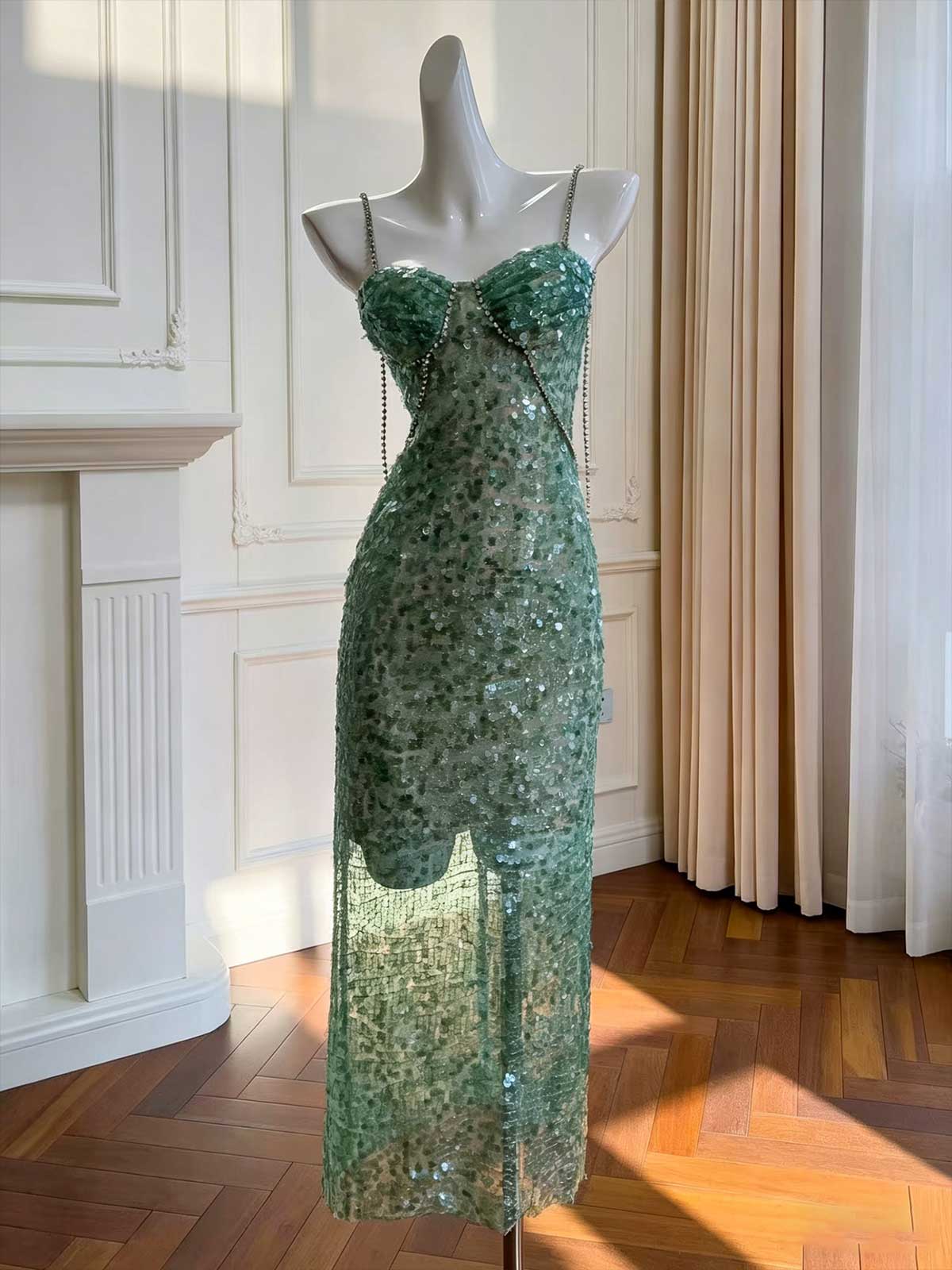 Emerald Green Spaghetti Strap Sequin Evening Dress with Crystal Trim