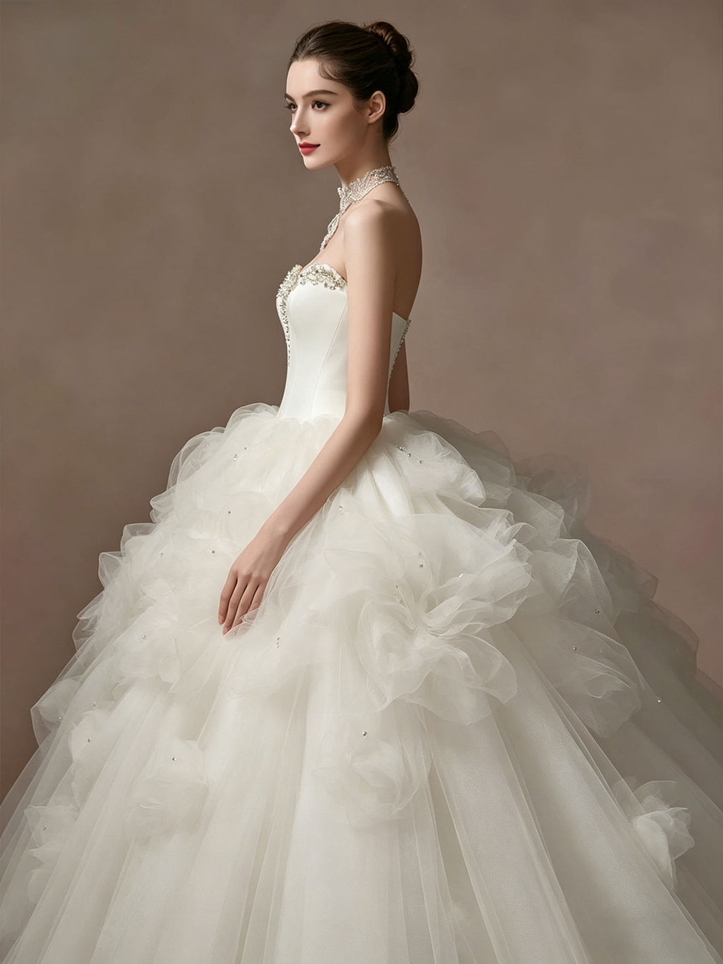 Strapless White Petal Tulle Ball Gown Wedding Dress