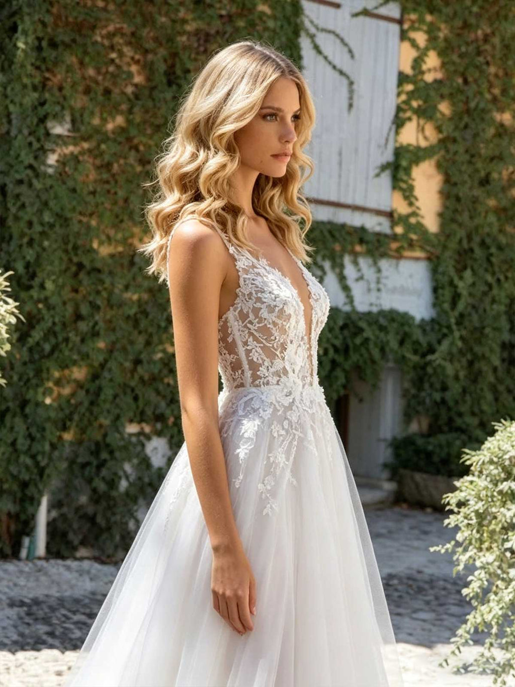 Ivory Lace Plunging V-Neck Sheer Tulle A-Line Wedding Dress