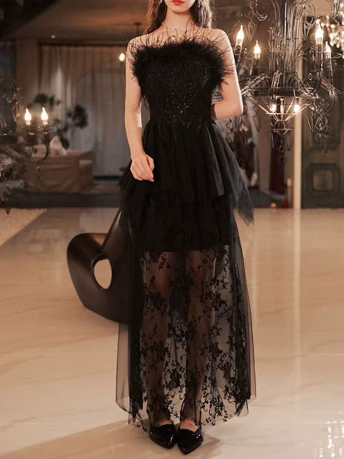 Black Strapless Feather Trim Lace Midi Evening Dress