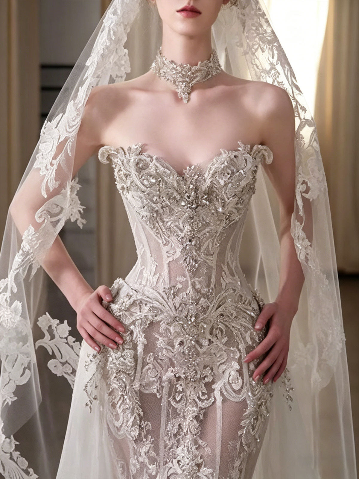 Strapless Lace Beaded Sheer Mermaid Veil Wedding Dress