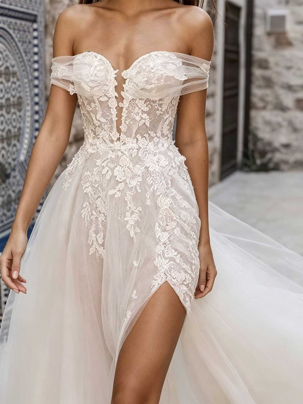 Ivory 3D Floral Off-the-Shoulder Split A-Line Wedding Dress