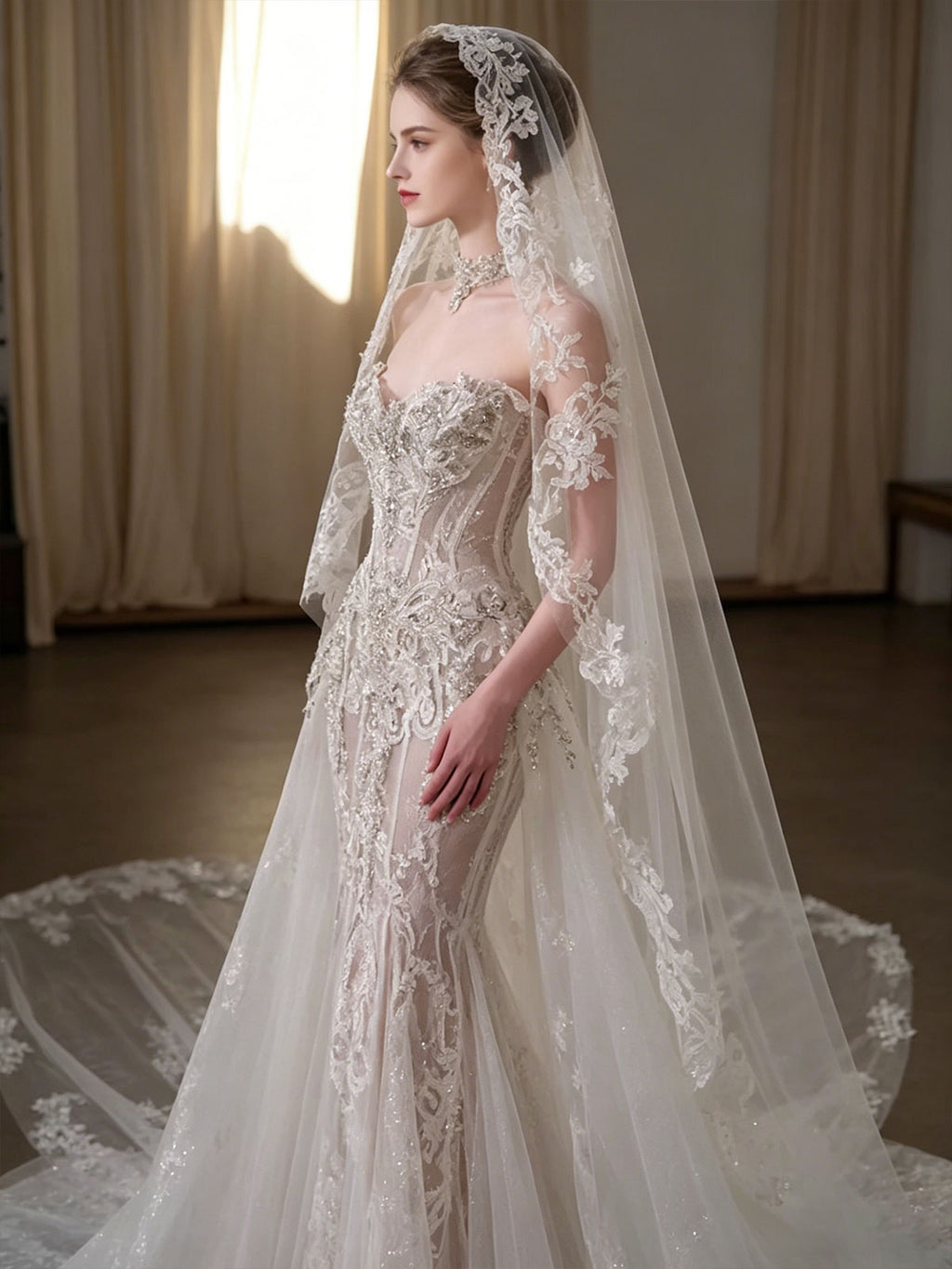Strapless Lace Beaded Sheer Mermaid Veil Wedding Dress