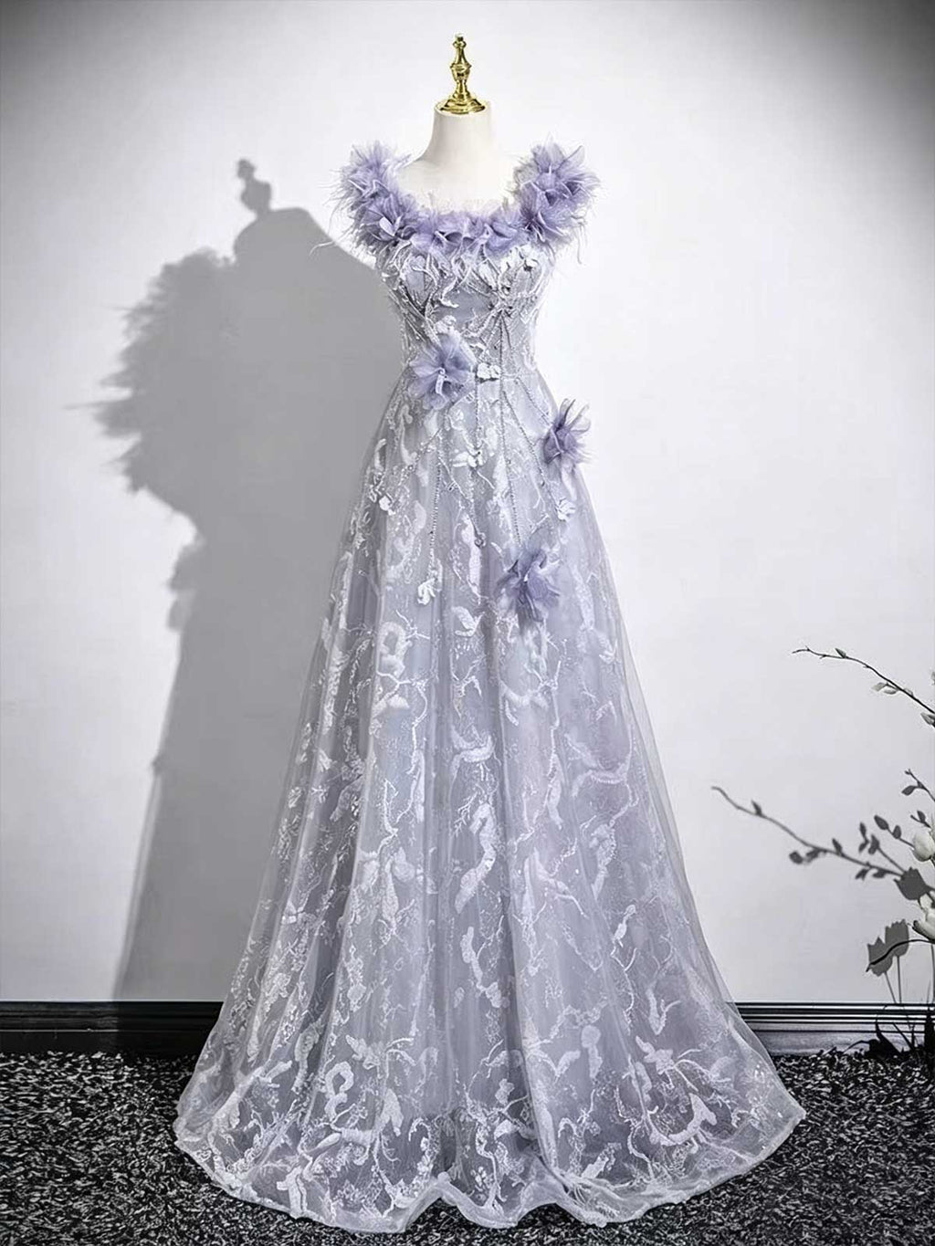 Lavender Off-the-Shoulder Tulle Gown with Feather Trim & 3D Floral Appliqués