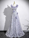 Lavender Off-the-Shoulder Tulle Gown with Feather Trim & 3D Floral Appliqués