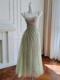 Sage Green Gradient Spaghetti Strap Evening Dress with Crystal Stripe Details