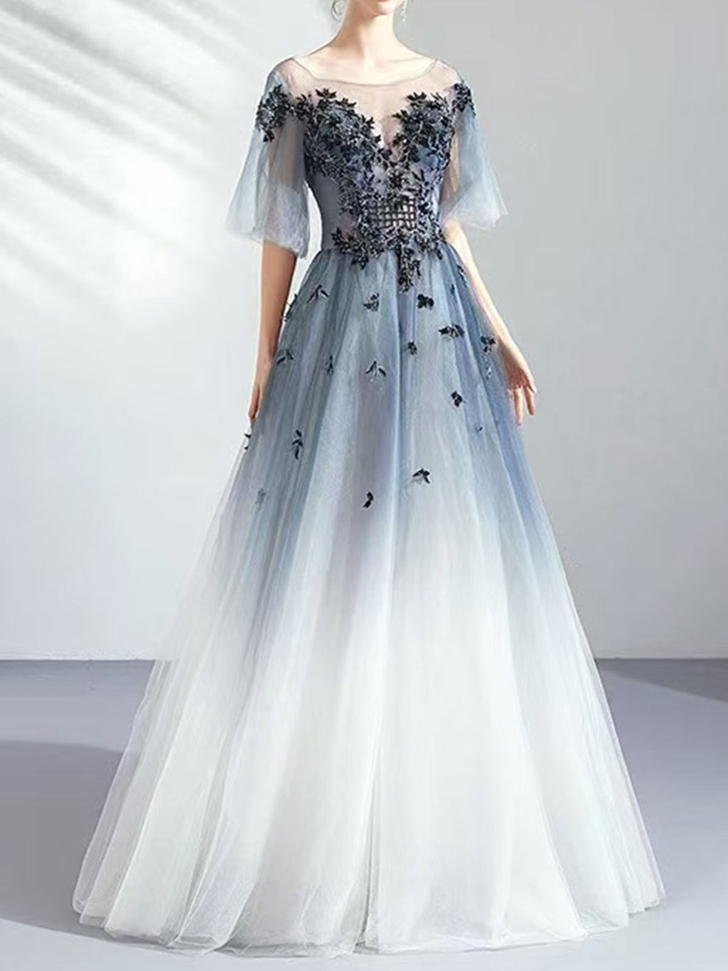 Ombre Blue to White Sheer Sleeve Tulle Evening Gown with Floral Appliqués