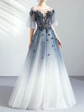 Ombre Blue to White Sheer Sleeve Tulle Evening Gown with Floral Appliqués