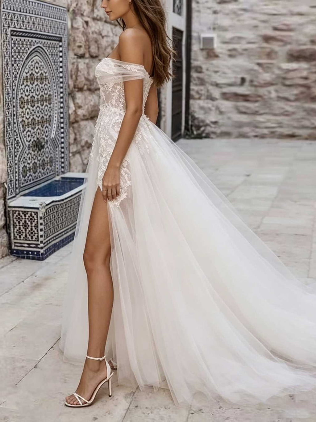 Ivory 3D Floral Off-the-Shoulder Split A-Line Wedding Dress