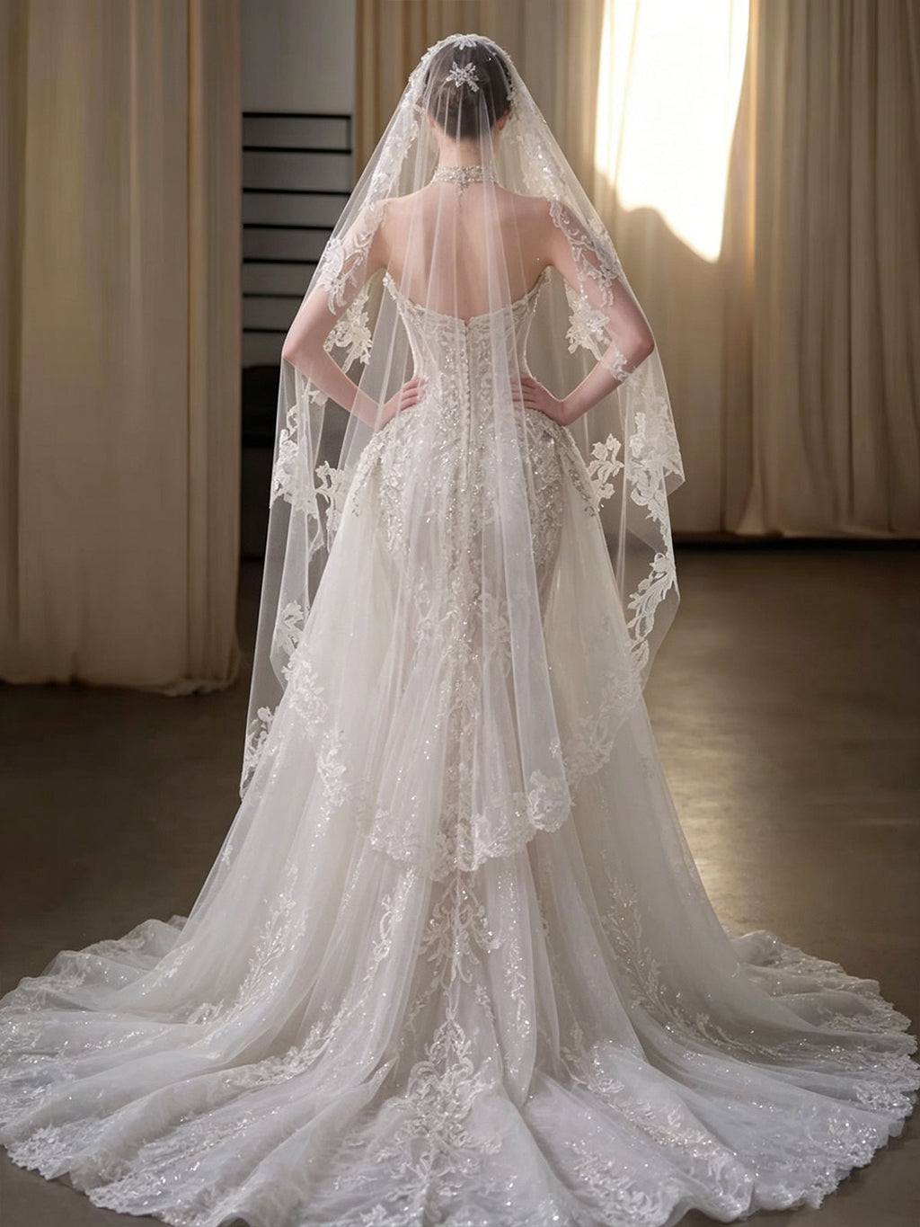 Strapless Lace Beaded Sheer Mermaid Veil Wedding Dress
