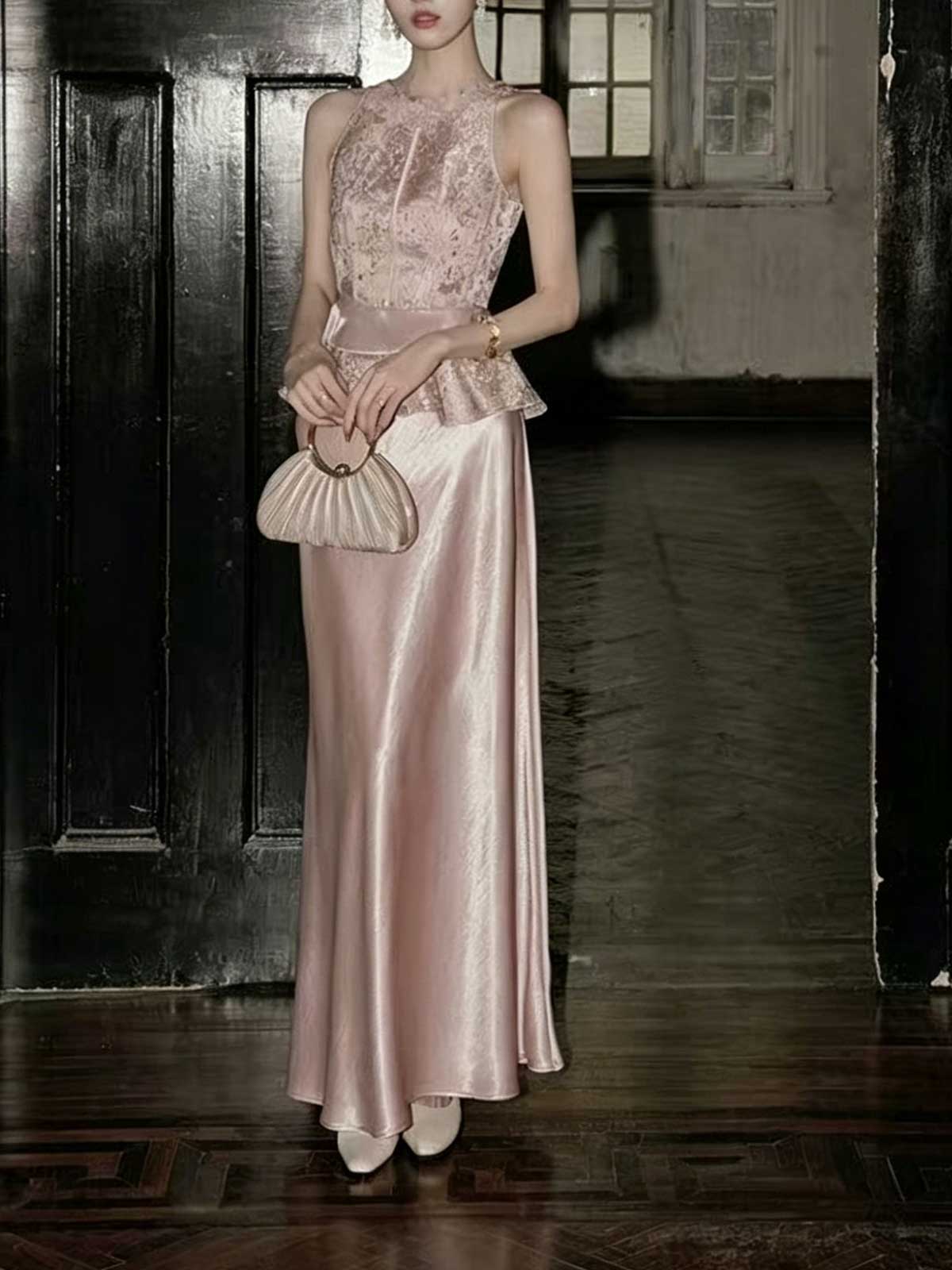 Blush Pink Lace and Satin Halter Evening Dress with Peplum Waist