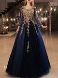 Navy Blue Long Sleeve Lace Evening Gown with Gold Appliqués