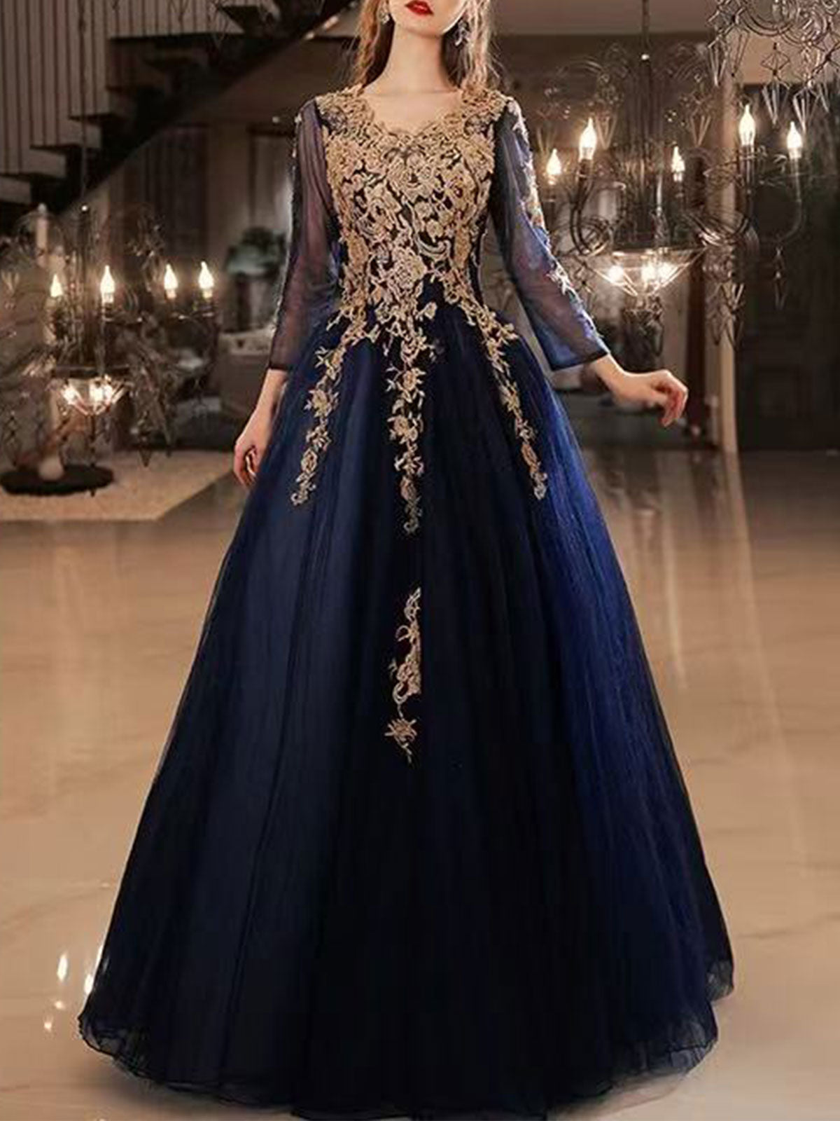 Navy Blue Long Sleeve Lace Evening Gown with Gold Appliqués