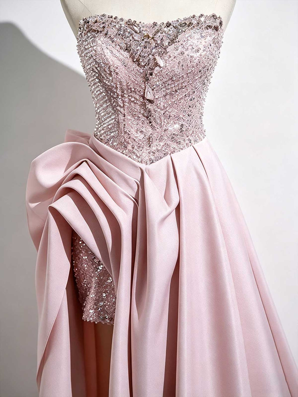 Blush Pink Strapless Beaded Evening Gown with Overskirt & High Slit