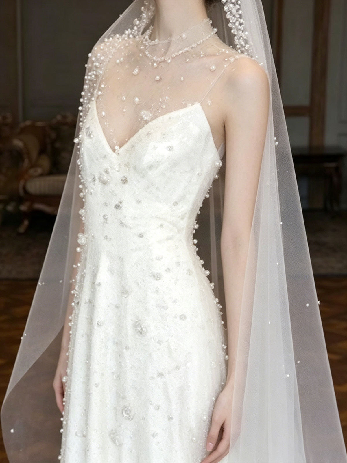 High Neck Sheer Tulle Pearl Beaded Mermaid Train Wedding Gown