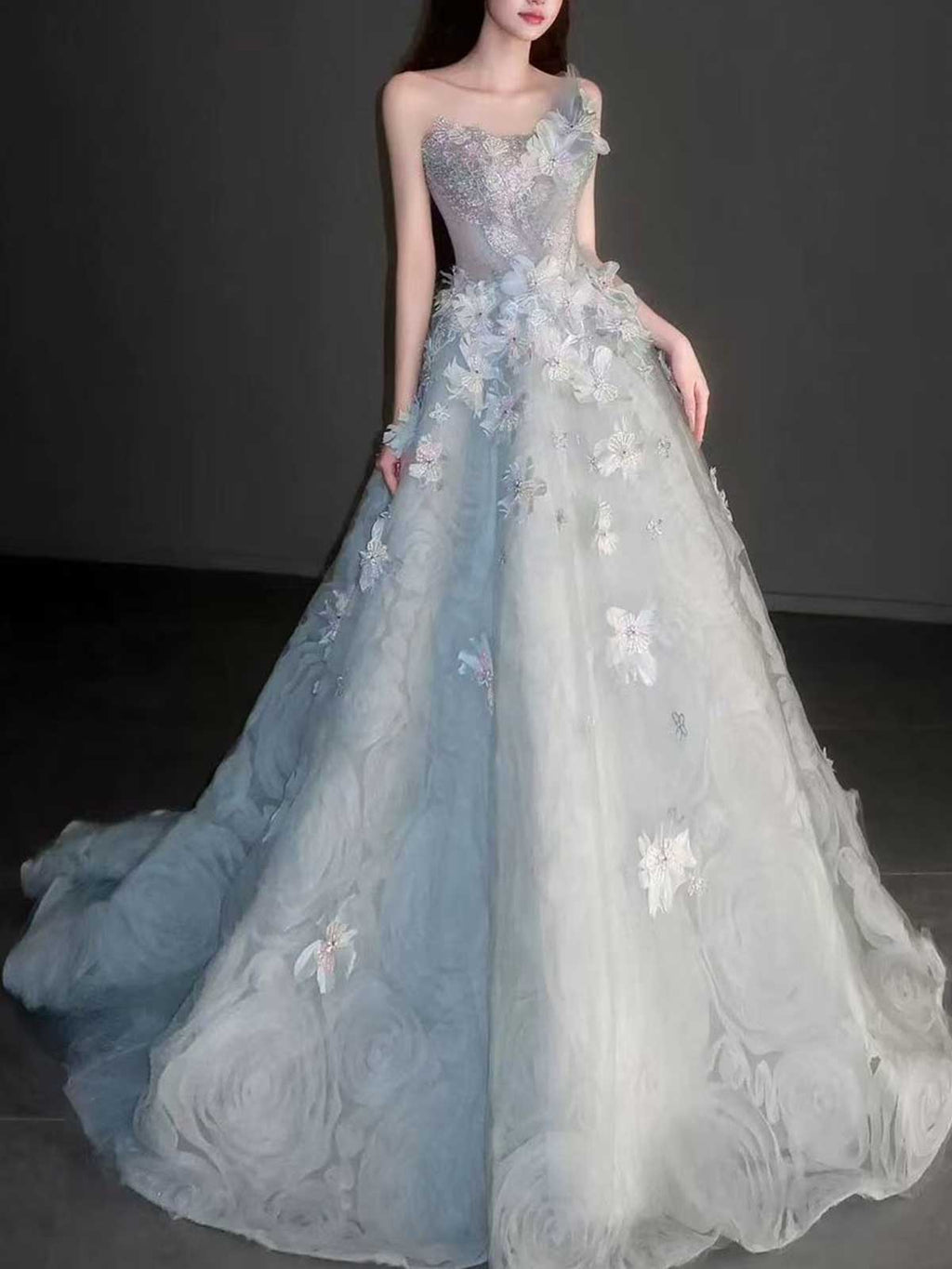 Ice Blue Gradient 3D Floral One Shoulder A-Line Prom Gown