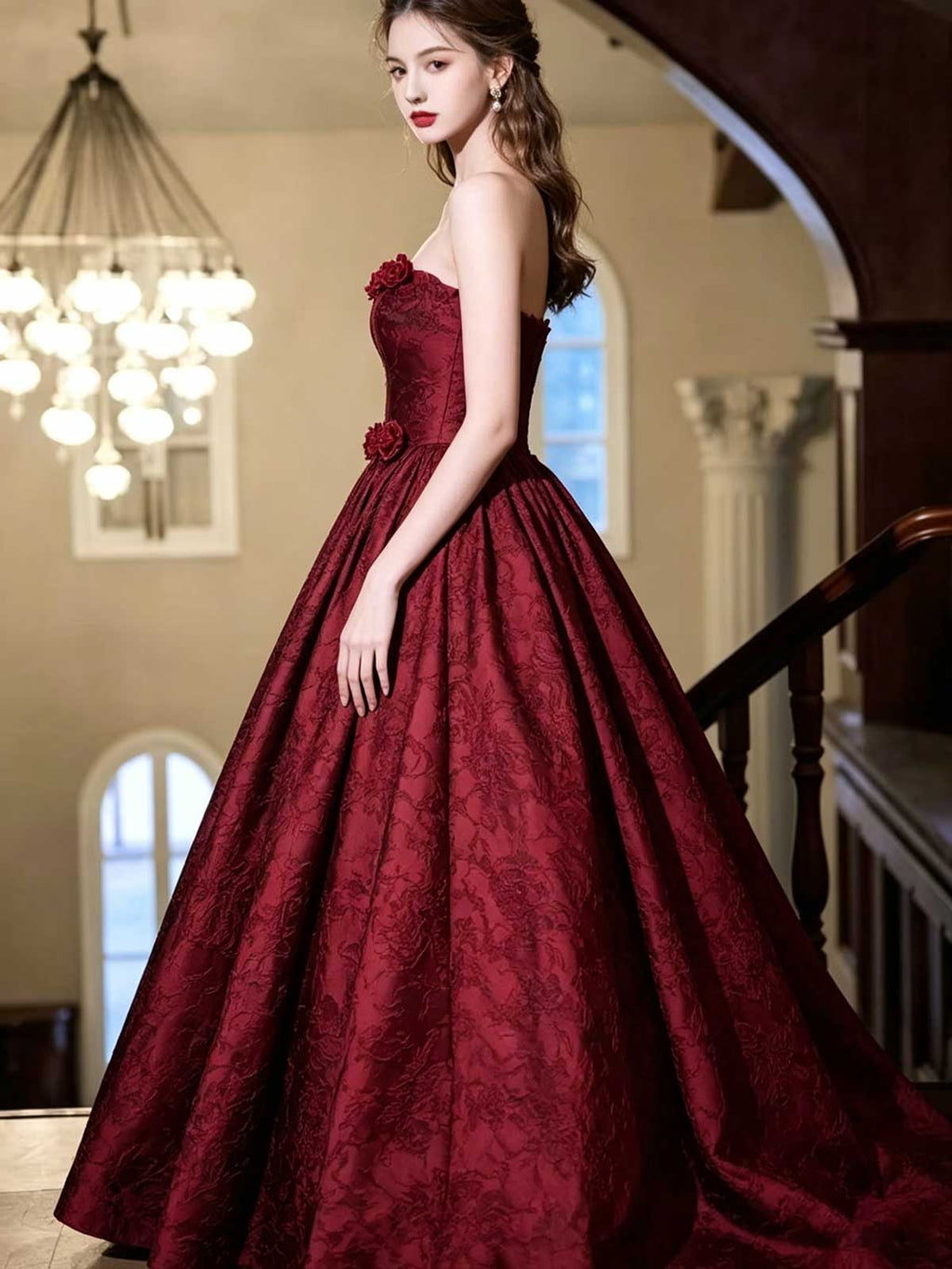 Burgundy Satin Strapless A-Line Evening Gown with 3D Floral