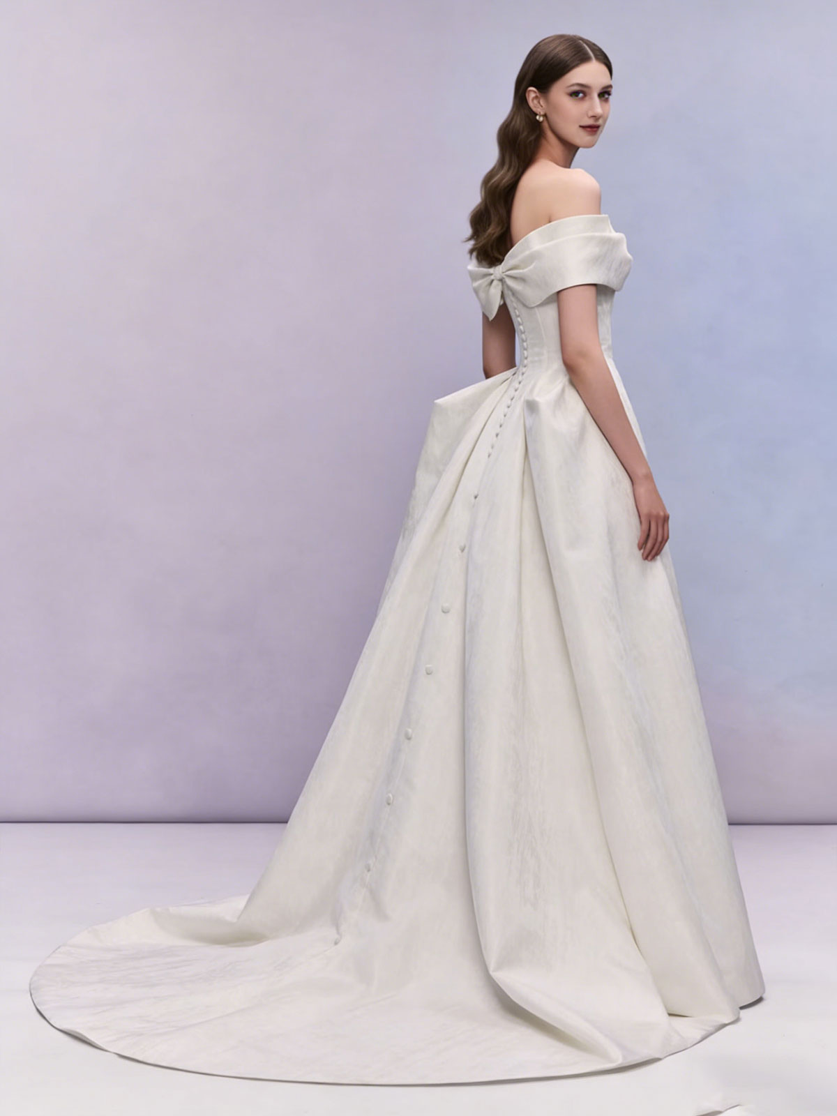Vintage Off-the-Shoulder Bow Gown with Structured Ball Gown Silhouette