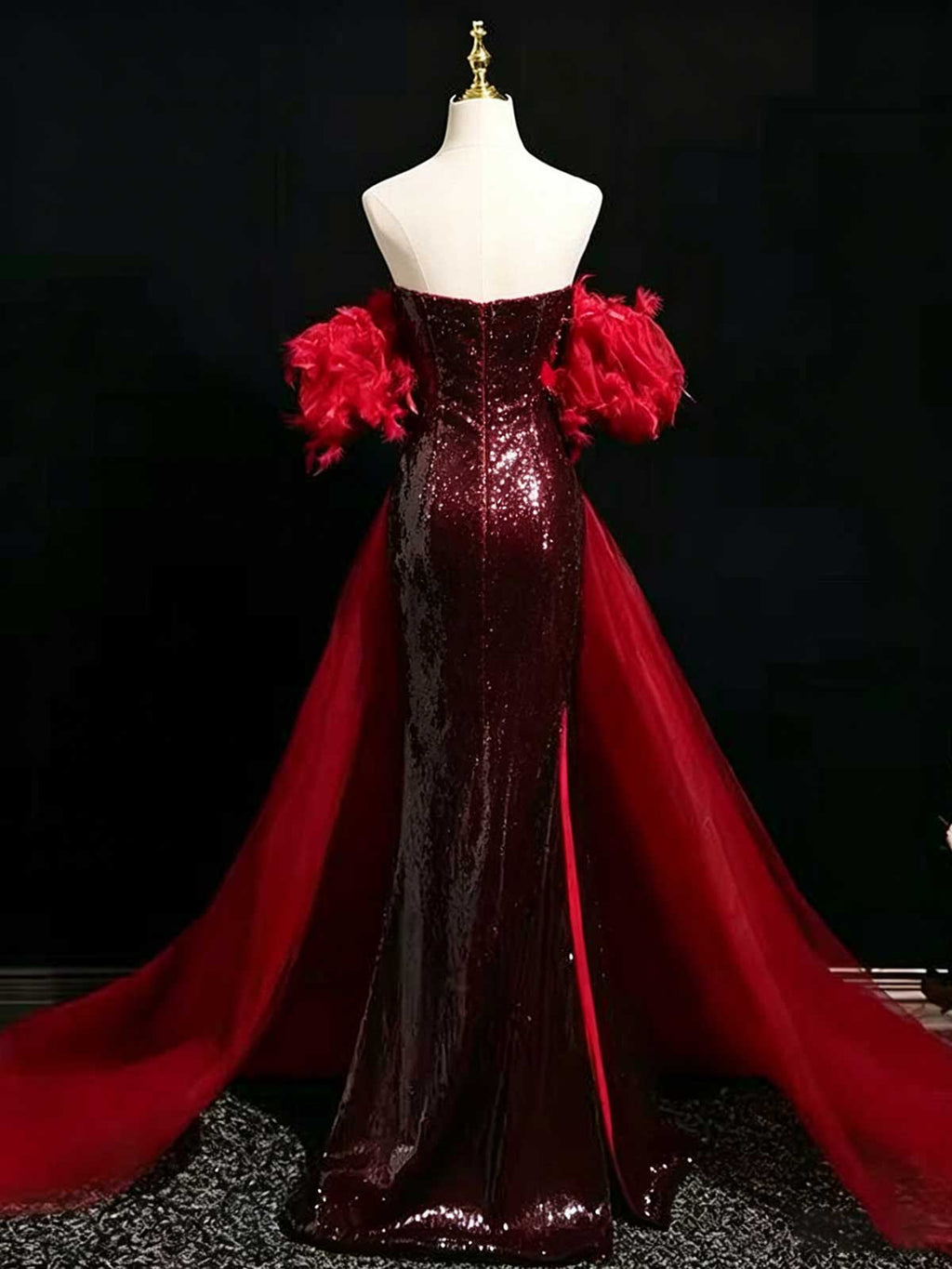 Deep Red Strapless Sequin Mermaid Evening Gown with Feather Cuffs