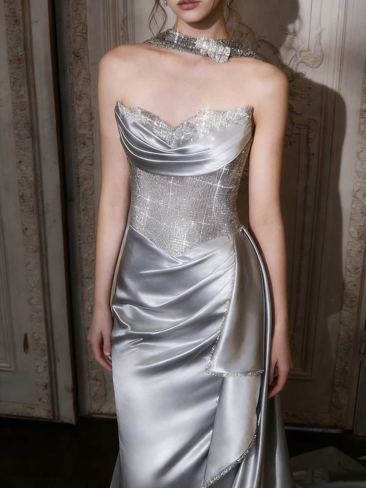 Glamorous Silver Grey Rhinestone Mermaid Wedding Guest Gown