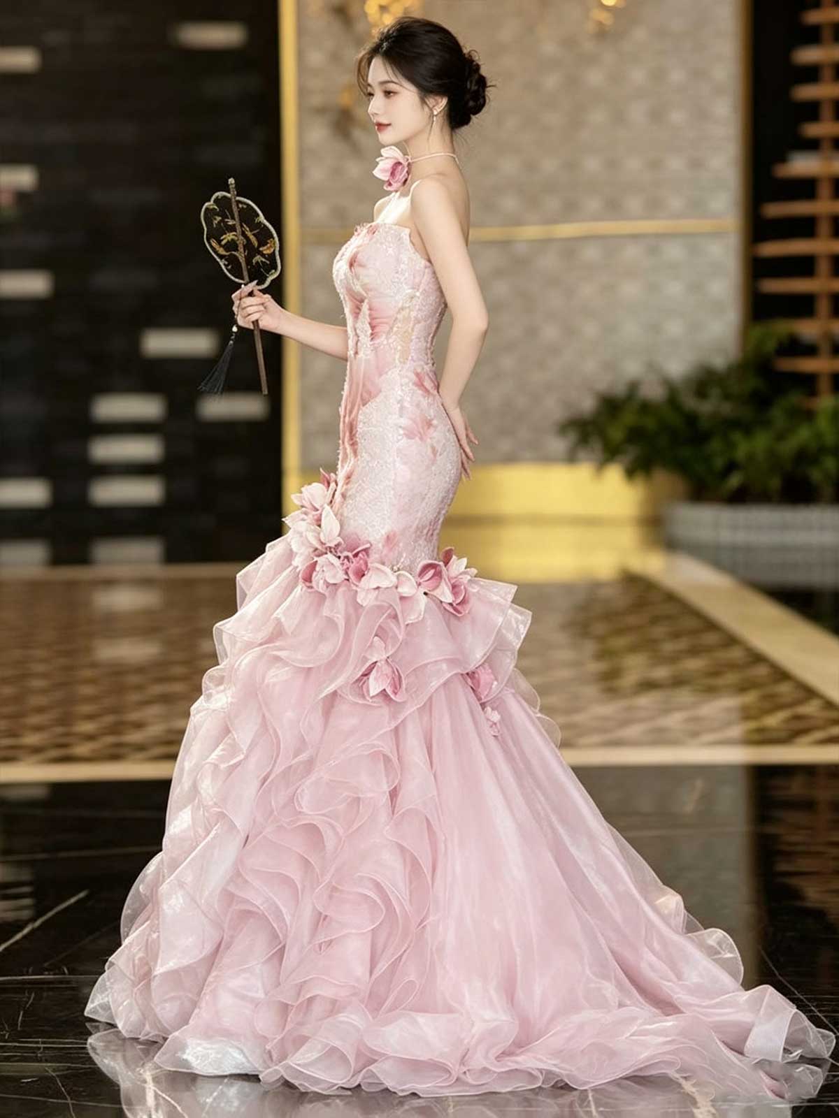 Pink Strapless Ombre Print Mermaid Evening Gown with Ruffled Tulle Skirt
