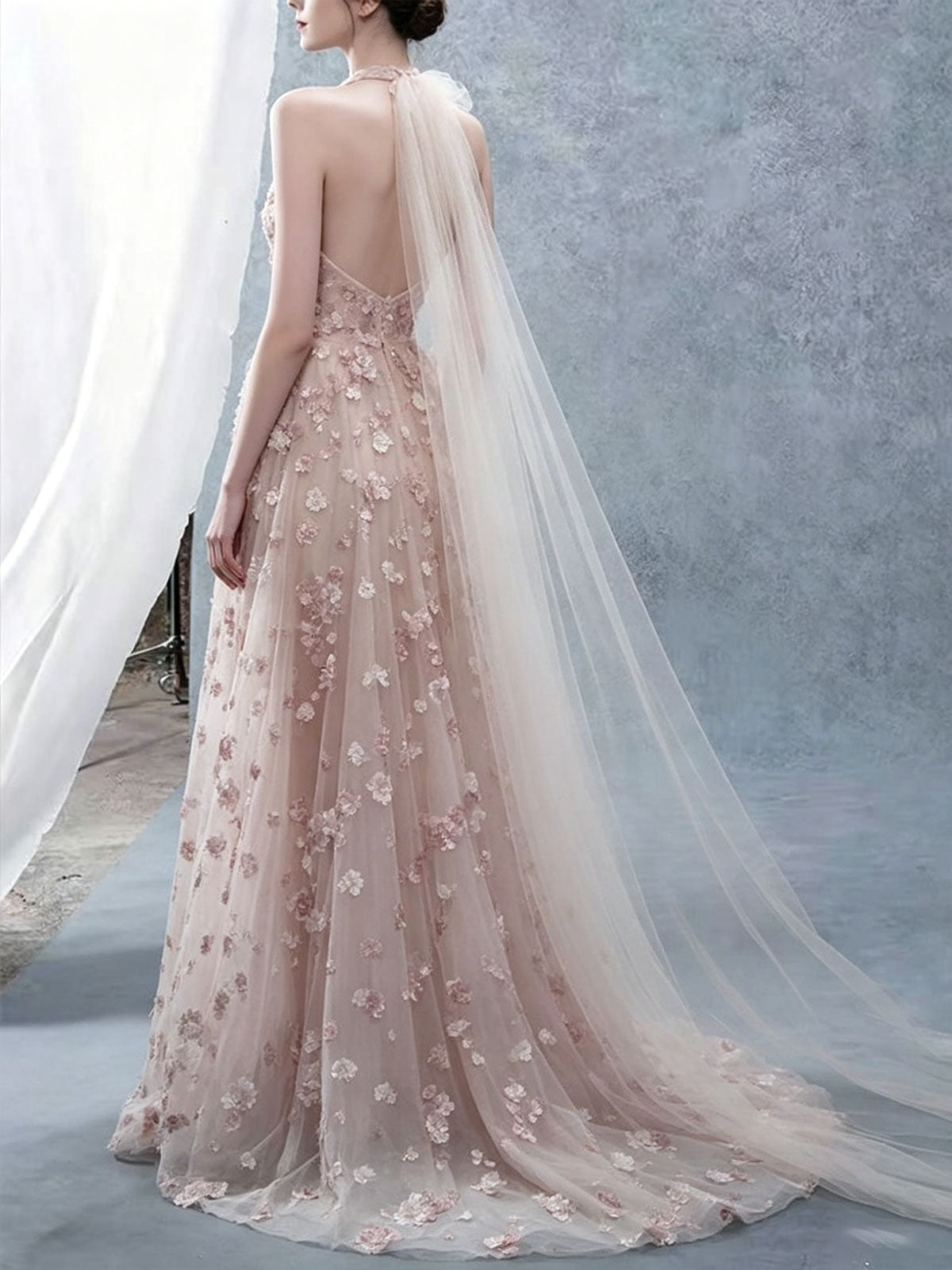 Blush Pink Halter Neck Floral Embroidered Tulle Evening Gown