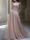 Blush Pink Strapless Tulle A-Line Evening Gown with Beaded Lace Bodice
