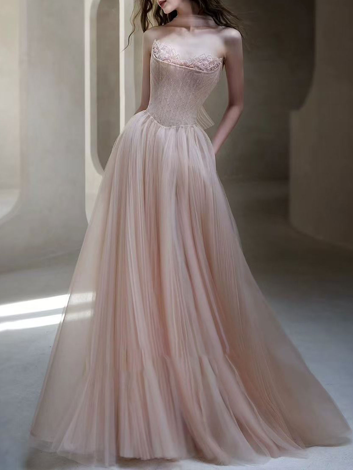Blush Pink Strapless Tulle A-Line Evening Gown with Beaded Lace Bodice