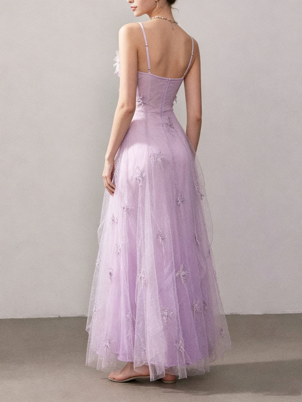 Spaghetti Strap 3D Floral Lavender Glitter Tulle Maxi Dress Fairy Formal Gown