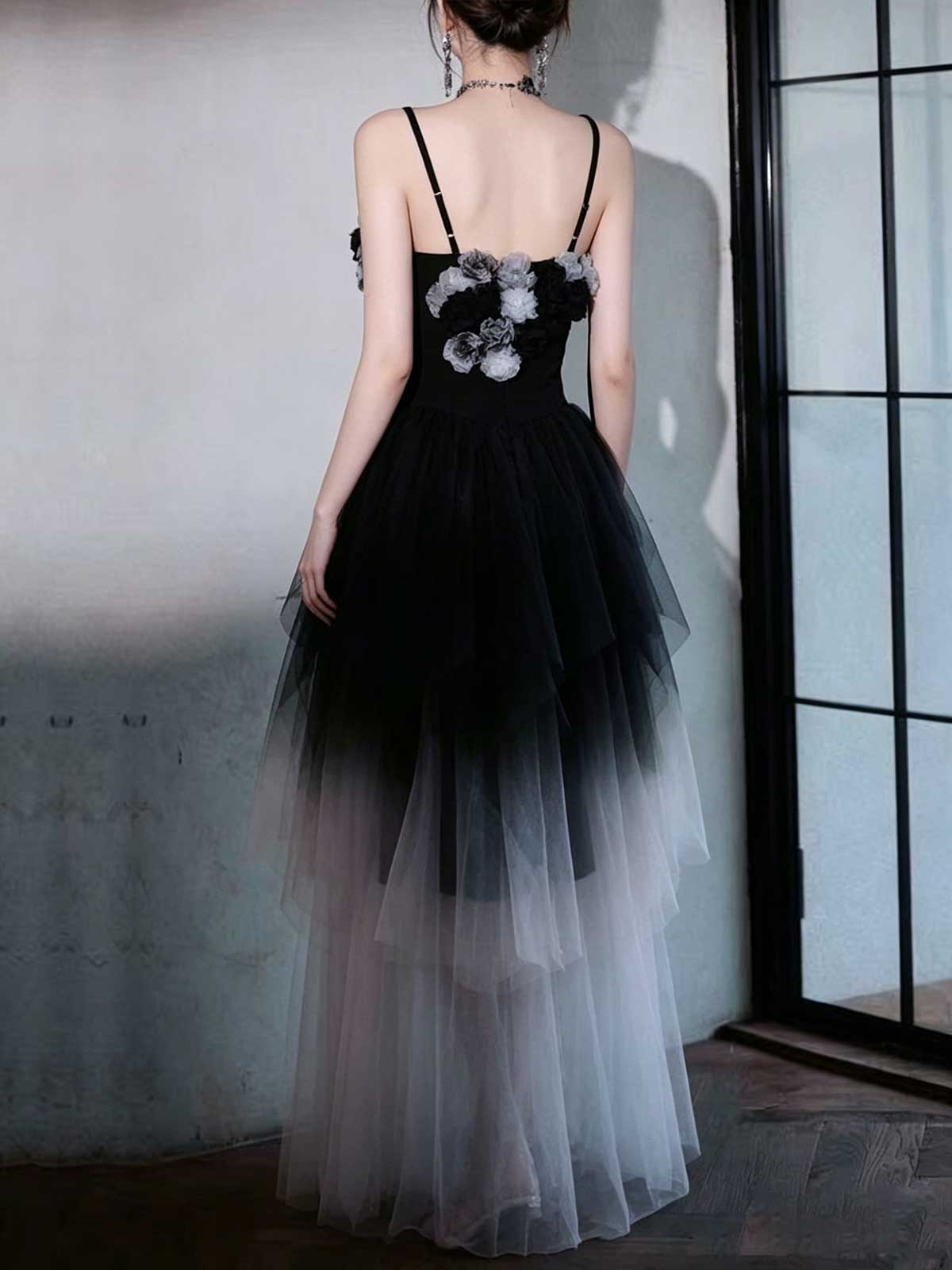 Black White Gradient 3D Floral Spaghetti Strap Tulle Midi Evening Dress