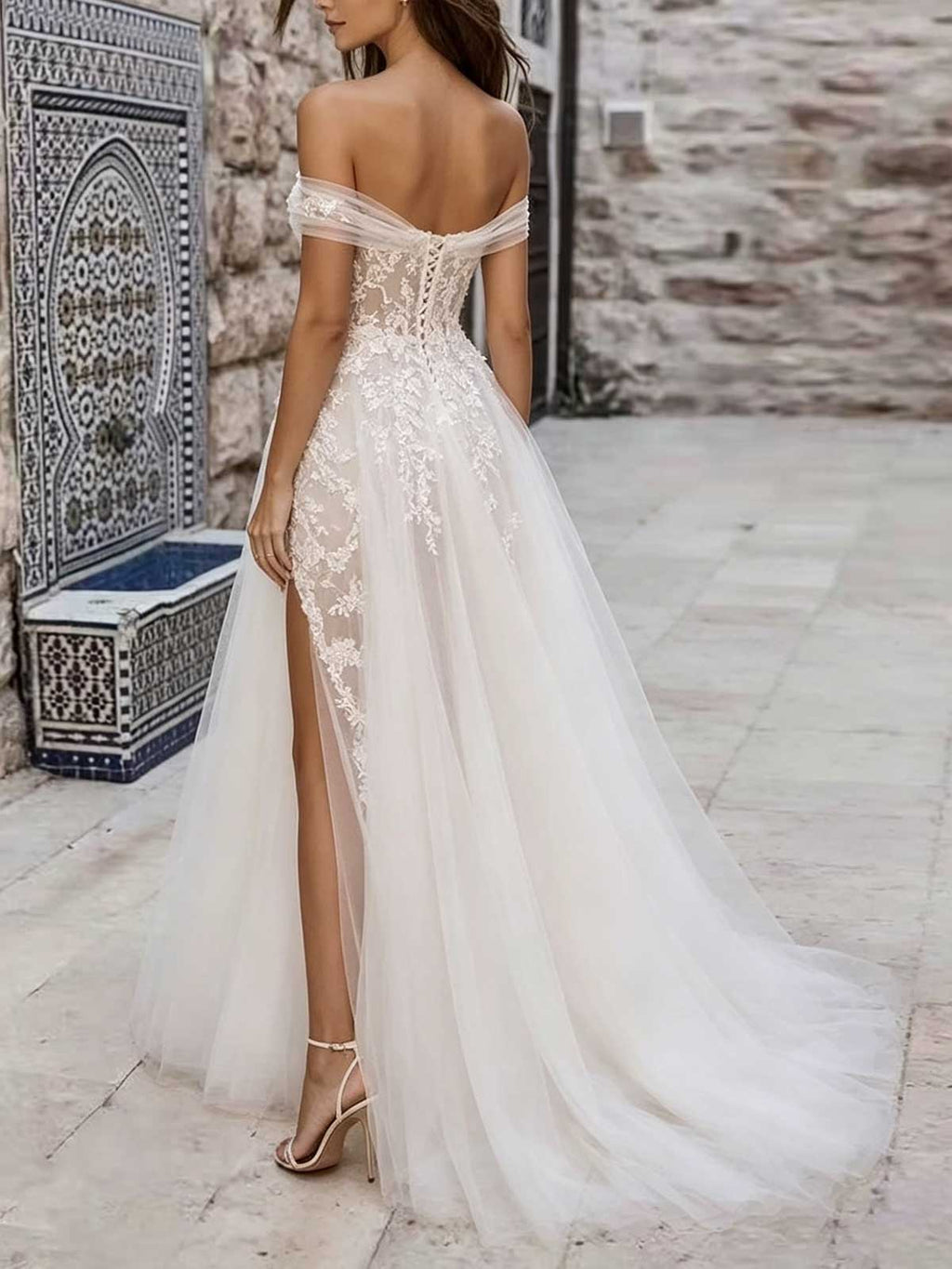 Ivory 3D Floral Off-the-Shoulder Split A-Line Wedding Dress