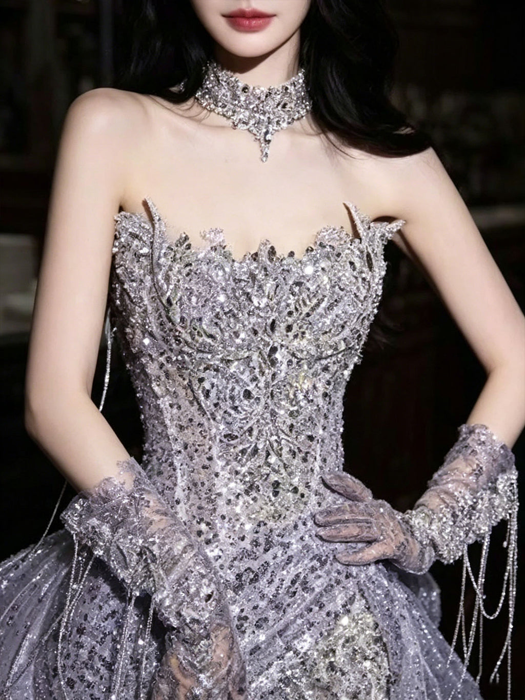 Strapless Grey Rhinestone Ruffle High Slit Formal Evening Gown