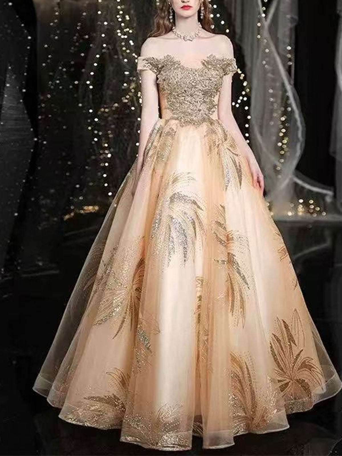 Champagne Gold Off-the-Shoulder Tulle Ball Gown with Feather Beaded Bodice