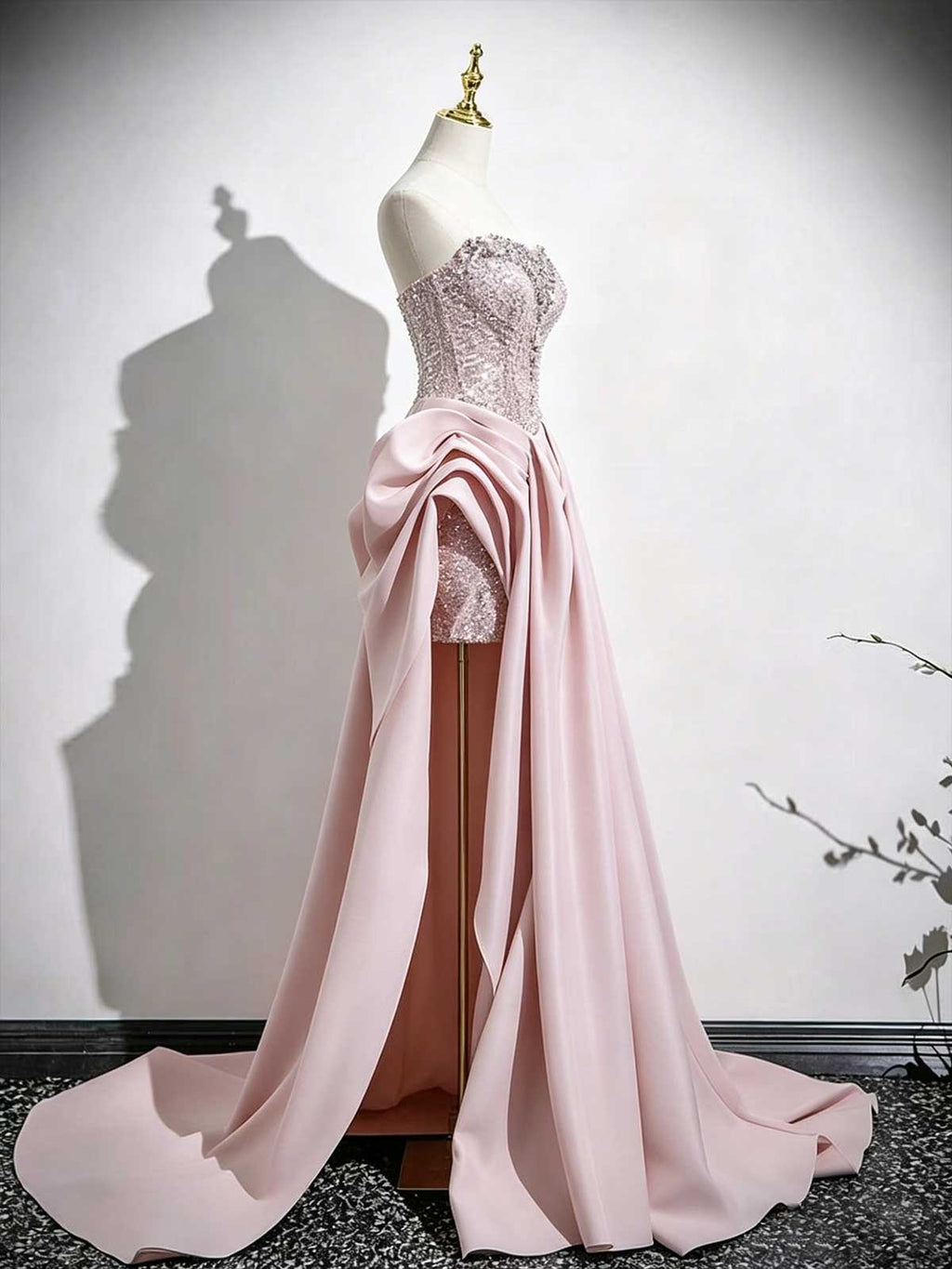 Blush Pink Strapless Beaded Evening Gown with Overskirt & High Slit