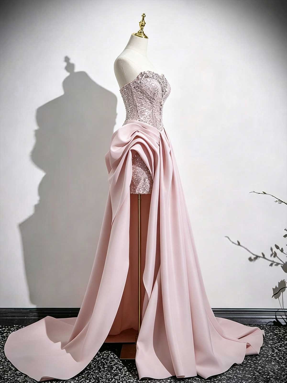Blush Pink Strapless Beaded Evening Gown with Overskirt & High Slit
