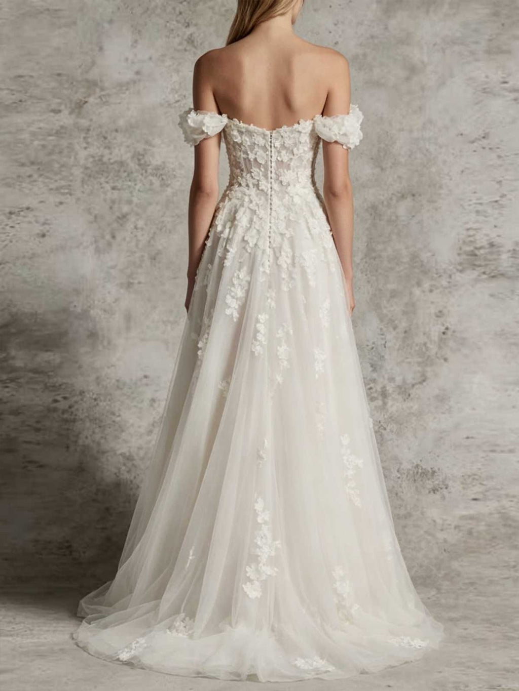 Ivory 3D Floral Applique Off-the-Shoulder High Slit Tulle Wedding Dress