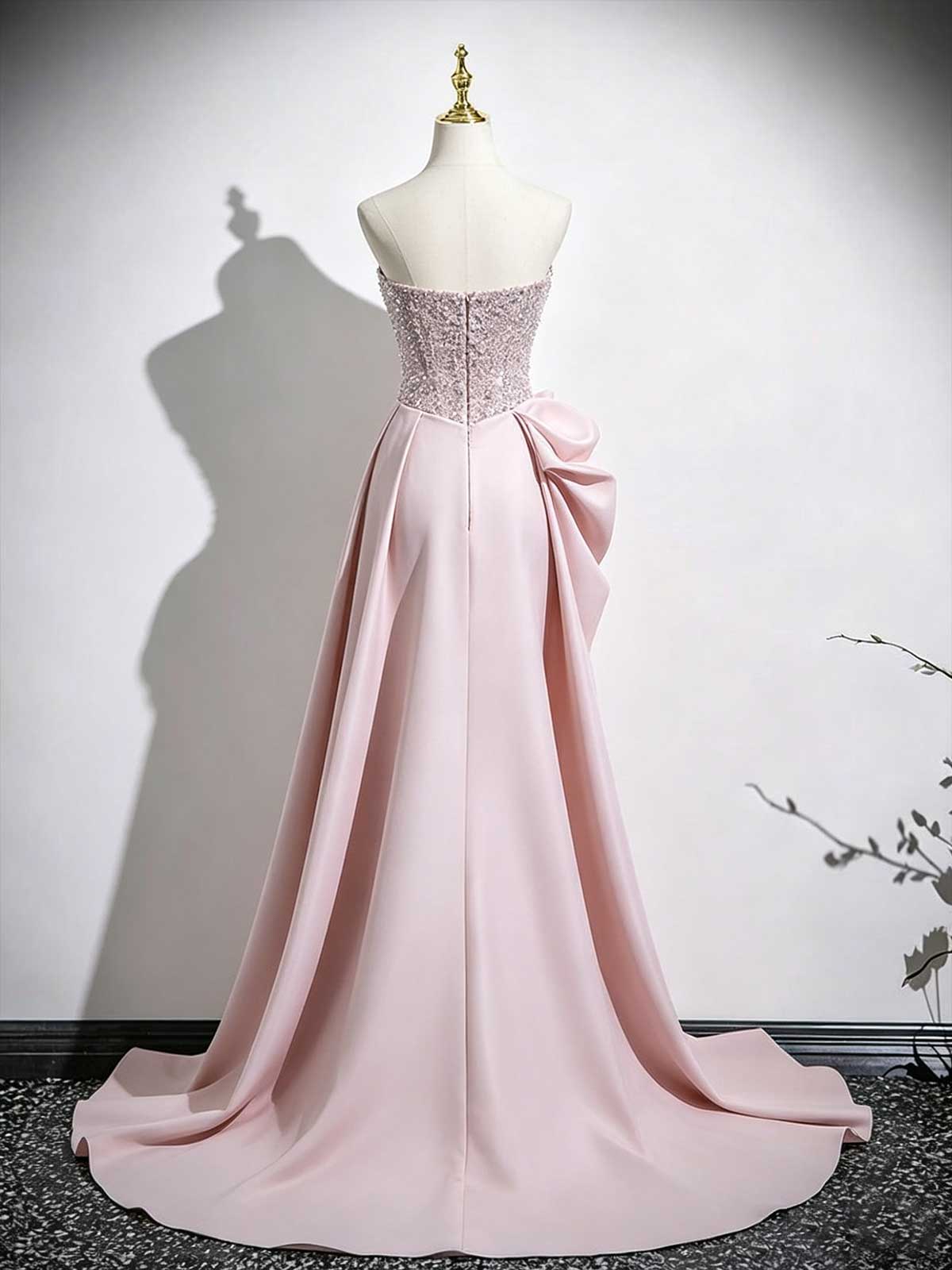 Blush Pink Strapless Beaded Evening Gown with Overskirt & High Slit