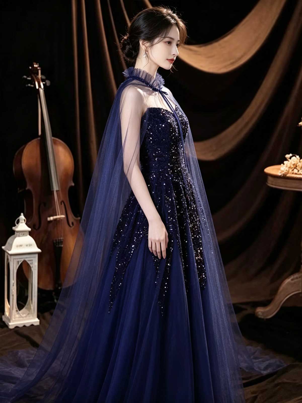 Navy Blue Strapless Sequin Evening Gown with Sheer Cape