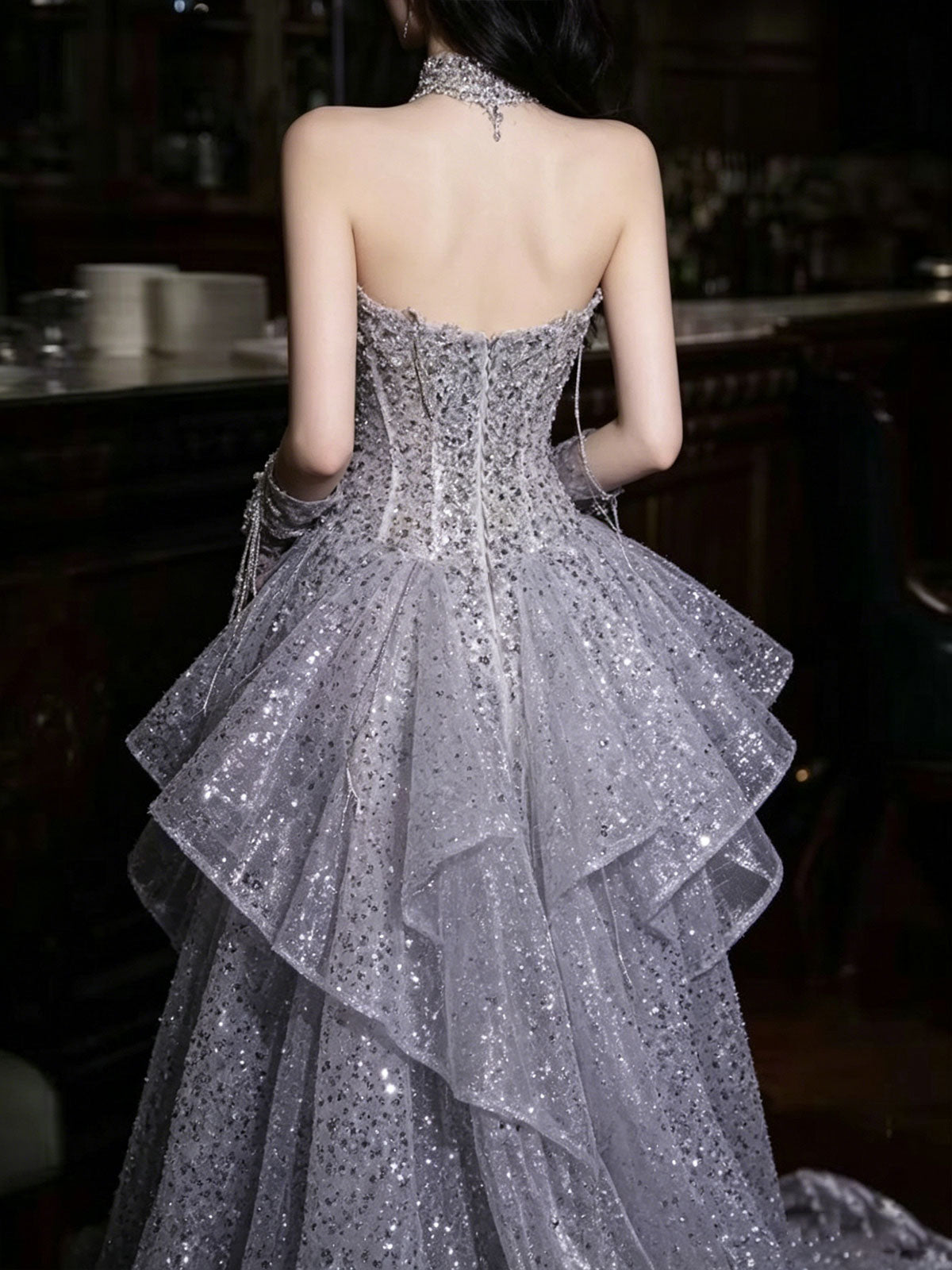 Strapless Grey Rhinestone Ruffle High Slit Formal Evening Gown